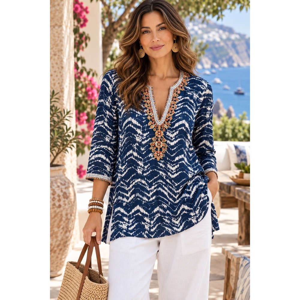 Soft Surroundings Navy White Ikat Beaded Boho Sequin Batik V-Neck Tunic Top S